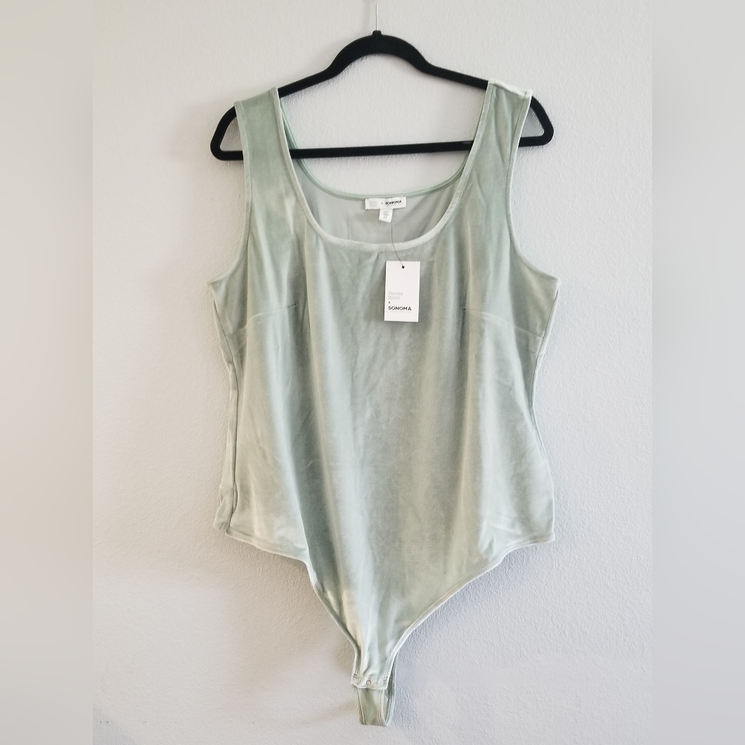 Denise Bidot X Sonoma Bodysuit Womens 1x Light Green Velvet Sleeveless